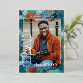 ティール（緑がかった色）ブルーグリーンゴールドフォイル卒業発表 箔招待状 (立ち正面)