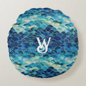 ティール(緑がかった色)ブルーグリーンシーウェーブマーメイドモノグラはかりで測ム ラウンドクッション (正面)