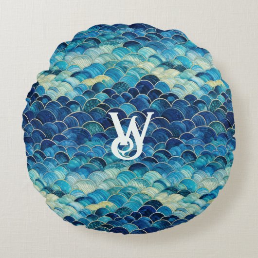ティール（緑がかった色）ブルーグリーンシーウェーブマーメイドモノグラはかりで測ム ラウンドクッション (正面)