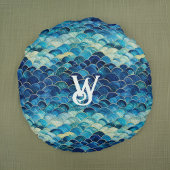 ティール(緑がかった色)ブルーグリーンシーウェーブマーメイドモノグラはかりで測ム ラウンドクッション