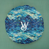 ティール(緑がかった色)ブルーグリーンシーウェーブマーメイドモノグラはかりで測ム ラウンドクッション