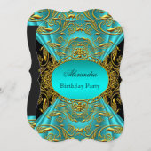 ティール（緑がかった色）ブルーグリーンジェイドブラックフローラバースデーパーティー 招待状 (正面/裏面)