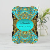 ティール(緑がかった色)ブルーグリーンジェイドブラックフローラバースデーパーティー 招待状 (スタンド正面)