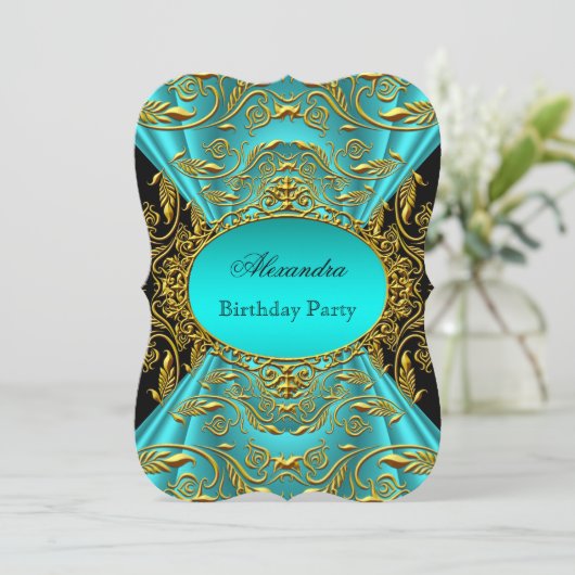 ティール（緑がかった色）ブルーグリーンジェイドブラックフローラバースデーパーティー 招待状 (スタンド正面)