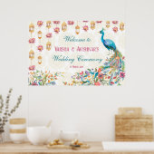 ティール（緑がかった色）ブルーグリーンセリーズフローラ孔雀ウェルカム ポスター (キッチン)