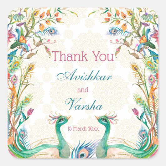 ティール（緑がかった色）ブルーグリーンセリーズフローラ孔雀名前をカスタムする スクエアシール (正面)