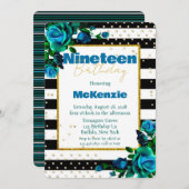 ティール(緑がかった色)ブルーグリーンピーニーガール19thバースデーパーティー 招待状 (正面/裏面)