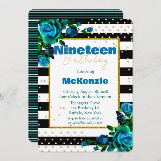 ティール（緑がかった色）ブルーグリーンピーニーガール19thバースデーパーティー 招待状 (正面/裏面)