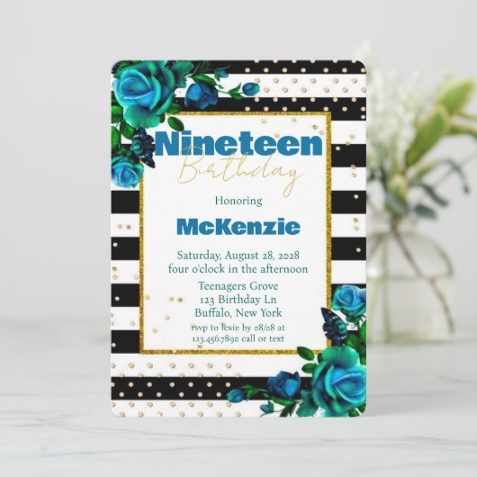 ティール(緑がかった色)ブルーグリーンピーニーガール19thバースデーパーティー 招待状 (スタンド正面)