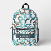 ティール（緑がかった色）ブルーグリーンブラウングレーミッドセンチュリーアートパターン プリントバックパック (正面)