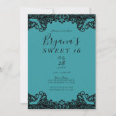ティール（緑がかった色）ブルーグリーンブラックレーススウィート16パーティー 招待状 (正面)