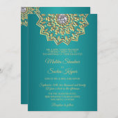 ティール(緑がかった色)ブルーグリーンマンダラ金ゴールドインディアン結婚ズ 招待状 (正面/裏面)