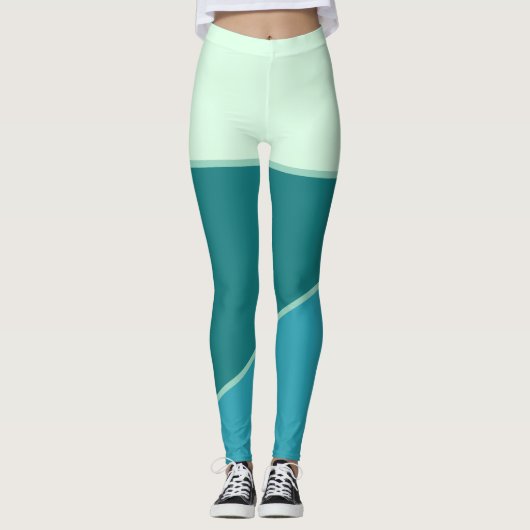 ティール(緑がかった色)ブルーグリーンモノクロカラーブロック レギンス (正面)
