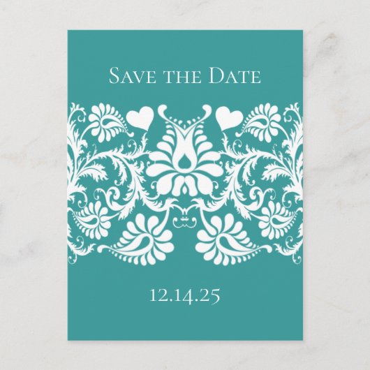 ティール（緑がかった色）ブルーグリーンヴィンテージダマスクアクアチェンジカラー 案内ポストカード (正面)