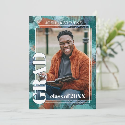 ティール（緑がかった色）ブルーグリーン抽象芸術卒業 案内状 (スタンド正面)