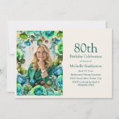 ティール(緑がかった色)ブルーグリーン花80誕生日写真 招待状 (正面)