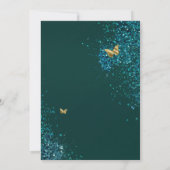 ティール（緑がかった色）ブルーグリーン金ゴールドラグジュアリーバタフライキンセアニェラ 招待状 (裏面)