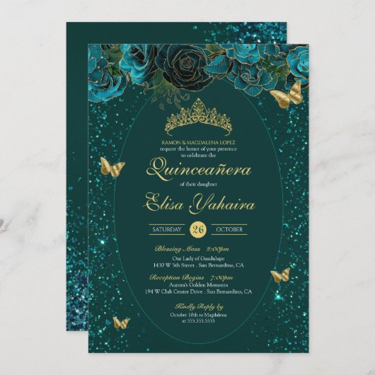 ティール（緑がかった色）ブルーグリーン金ゴールドラグジュアリーバタフライキンセアニェラ 招待状 (正面/裏面)
