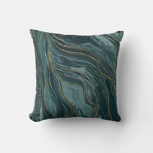 ティール(緑がかった色)ブルーグリーン金ゴールド抽象芸術水彩波 クッション (正面)