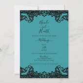 ティール（緑がかった色）ブルーグリーン&ブラックレースエレガントウェディング 招待状 (正面)