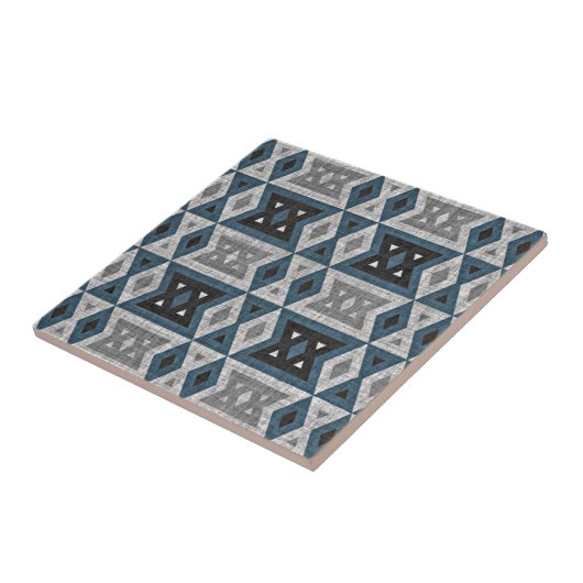 ティール(緑がかった色)ブルーグレーブラックエクレクティックエスニックルック タイル (側面)