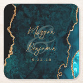 ティール(緑がかった色)ブルーゲート金ゴールドスクリプ結婚ト スクエアペーパーコースター (正面)
