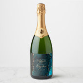 ティール(緑がかった色)ブルーゲート金ゴールドスクリプ結婚ト スパークリングワインラベル (正面)