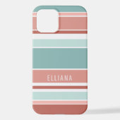 ティール（緑がかった色）ブルーコーラルレッドピーチオレンジホワイトストライプズ iPhoneケース (裏面)