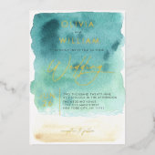 ティール（緑がかった色）ブルーサンド水結婚色の箔招待状 箔招待状 (正面)