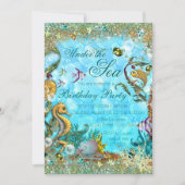 ティール（緑がかった色）ブルーザシーバースデーパーティー 招待状 (正面)