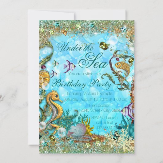 ティール（緑がかった色）ブルーザシーバースデーパーティー 招待状 (正面)