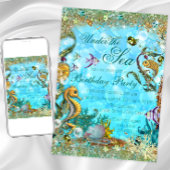 ティール（緑がかった色）ブルーザシーバースデーパーティー 招待状