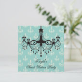 ティール（緑がかった色）ブルーシャンデリアスウィート16パーティー 招待状 (スタンド正面)