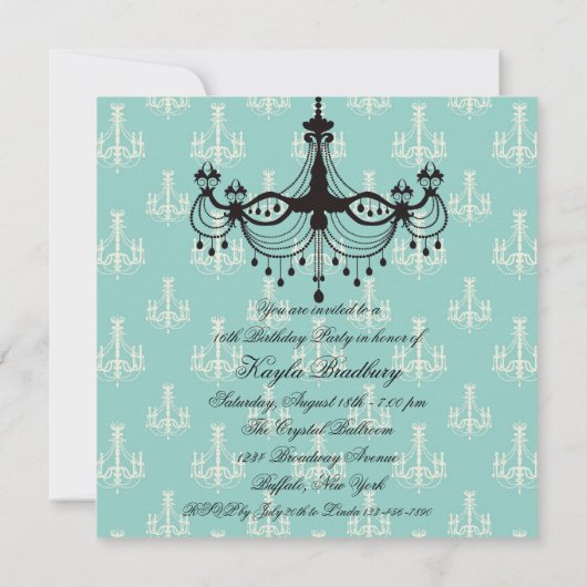 ティール（緑がかった色）ブルーシャンデリアスウィート16パーティー 招待状 (裏面)