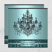 ティール(緑がかった色)ブルーシャンデリア21歳の誕生日パーティー 招待状 (正面/裏面)