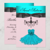 ティール（緑がかった色）ブルーシャンデリアSweet sixteenバースデーパーティー 招待状 (正面/裏面)