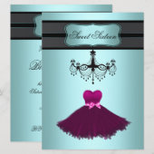 ティール(緑がかった色)ブルーシャンデリアSweet sixteenバースデーパーティー 招待状 (正面/裏面)