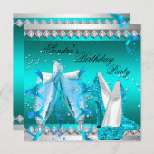 ティール(緑がかった色)ブルーシャンパングリッターシューズバースデーパーティー 招待状 (正面/裏面)