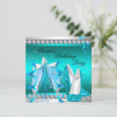 ティール(緑がかった色)ブルーシャンパングリッターシューズバースデーパーティー 招待状 (スタンド正面)