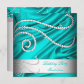 ティール（緑がかった色）ブルーシルクホワイトダイヤモンドバースデーパーティー 招待状 (正面/裏面)