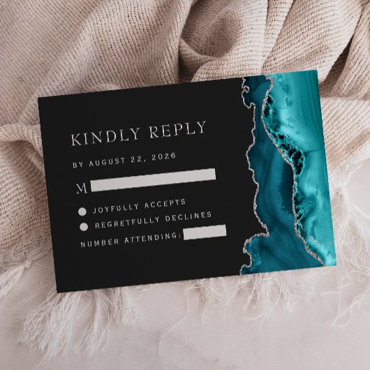 ティール(緑がかった色)ブルーシルバーアゲットダーク結婚ズ 出欠カード