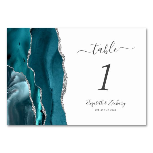 ティール(緑がかった色)ブルーシルバーアゲ結婚ート テーブルナンバー (裏面)