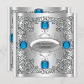 ティール（緑がかった色）ブルーシルバーアニバーサバーズパーティー 招待状 (正面/裏面)