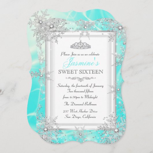 ティール（緑がかった色）ブルーシルバーウィンターワンダーランドスウィート16パーティー 招待状 (正面/裏面)