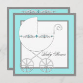 ティール（緑がかった色）ブルーシルバーキャリッジベビーシャワー招待状 招待状 (正面/裏面)