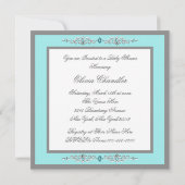 ティール（緑がかった色）ブルーシルバーキャリッジベビーシャワー招待状 招待状 (裏面)