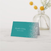 ティール（緑がかった色）ブルーシルバーグリッターエッ結婚ジ プレイスカード (裏面)