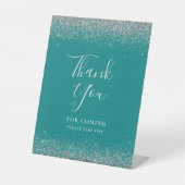ティール（緑がかった色）ブルーシルバーグリッター結婚ズサンキュー 台座サイン (正面)