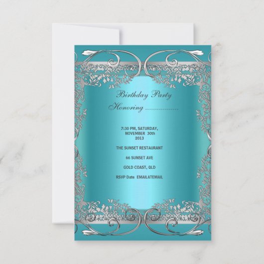 ティール（緑がかった色）ブルーシルバーグレイ誕生日パーティー30th 招待状 (裏面)