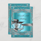 ティール（緑がかった色）ブルーシルバーグレイ誕生日パーティー30th 招待状 (正面/裏面)